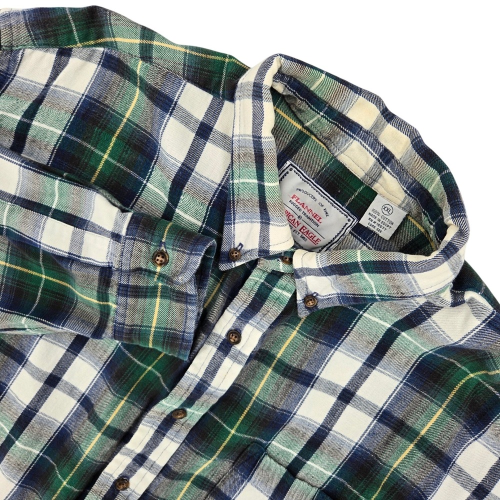 American Eagle Flannel XXL Green Blue Plaid Button Up Rugged Tradition‎